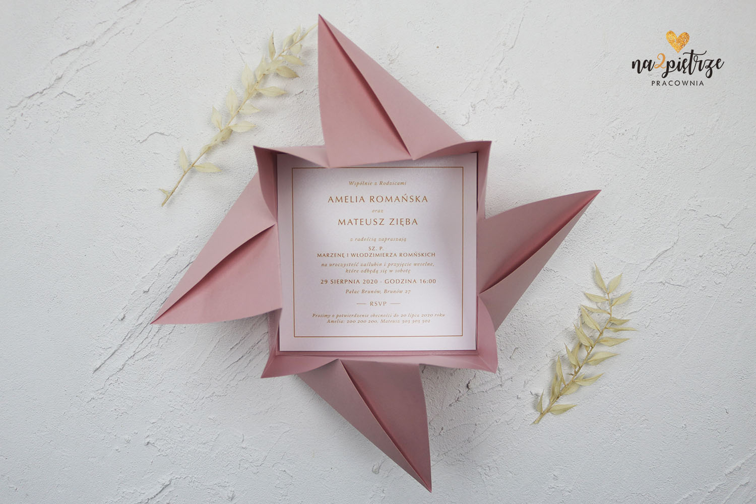 Zaproszenie ślubne, oryginalne origami, różowe, wyjątkowe, inne