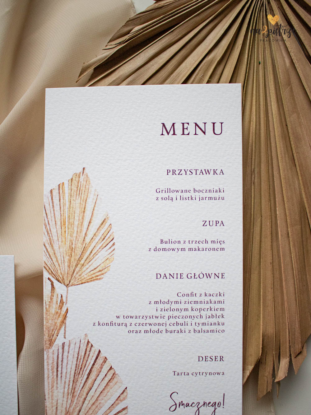 jednokartowe menu weselne, suszony liść palmowy