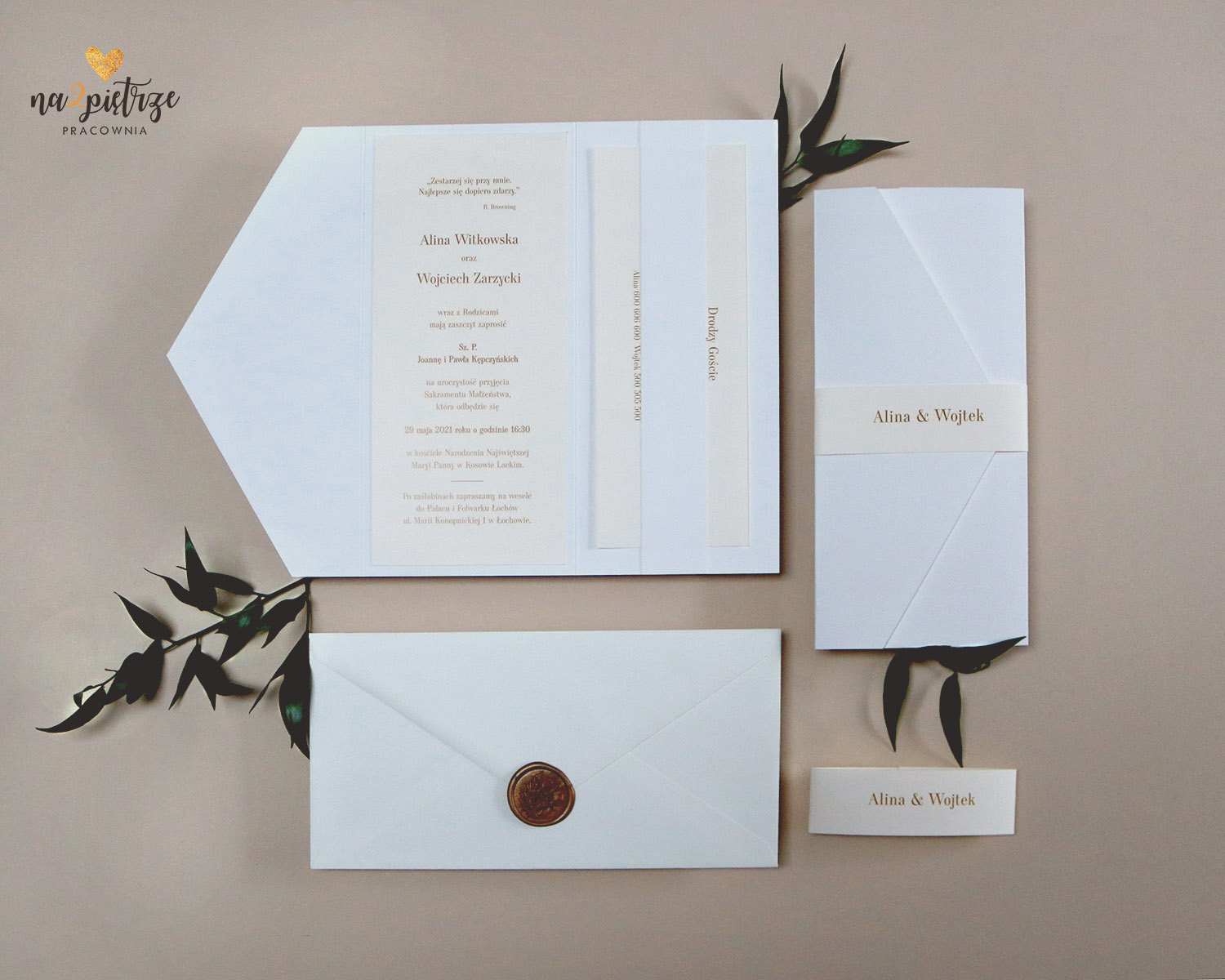 Eleganckie zaproszenie ślubne w folderze, kremowe, minimalistyczne